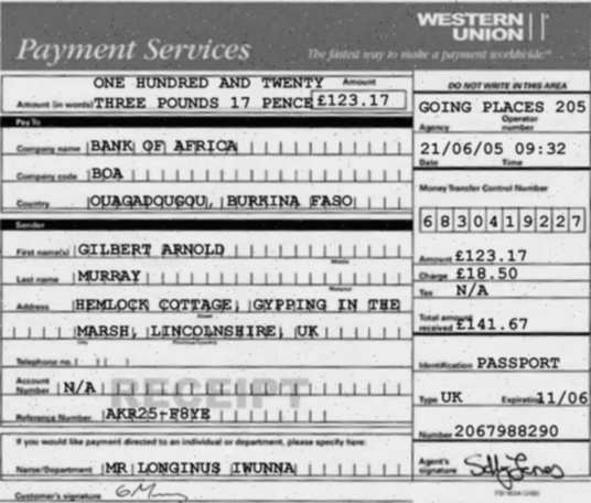 Gilbert’s forged Western Union receipt