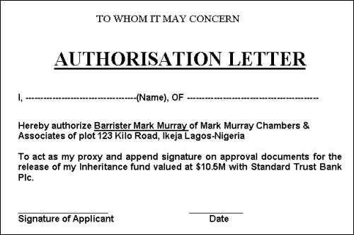 A letter of authorisation from the lawyer