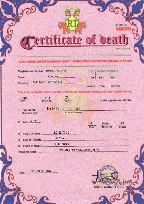 Mr Kofi’s death certificate