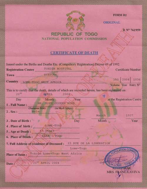 Mr Kofi’s second death certificate