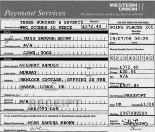 Gilbert’s forged Western Union receipt